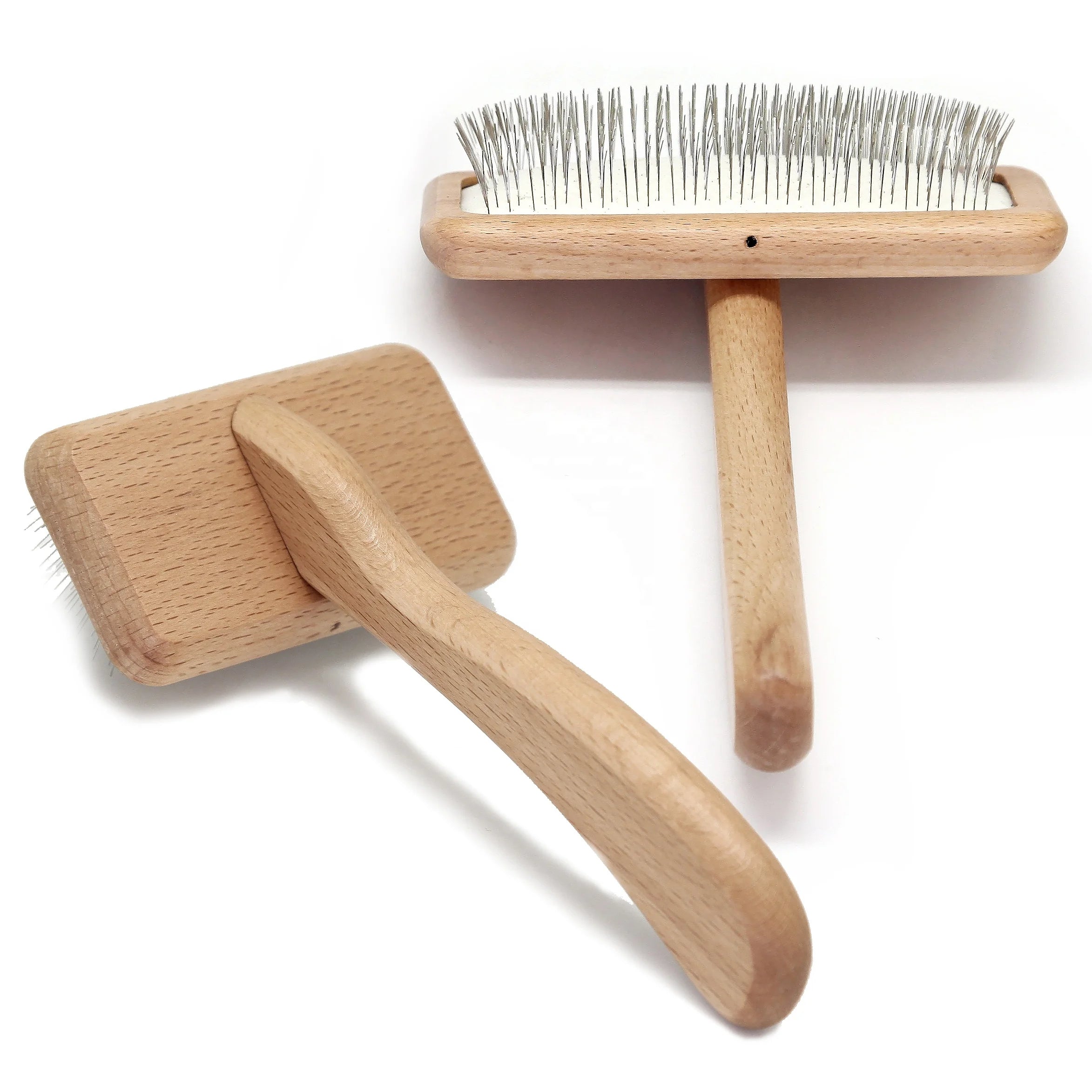 Baoli OEM 92x170mm Medium Beech Slicker Brush Dog Professional Pet Cleaning Hair Combing Wooden Handle Tangles Steel Pet Brush