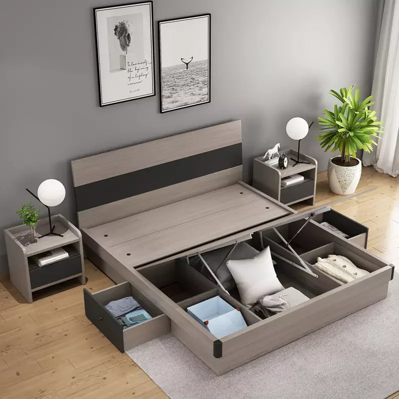 Modern Contemporary Design Hydraulic Lift Storage Bedroom Wood Panel Bed with Drawer