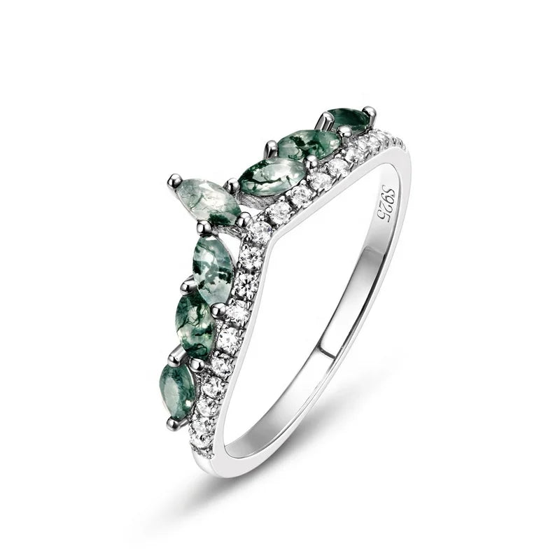 Unique 925 Sterling Silver Green Gemstone Ring Fashion Cubic Zirconia Curve Crown Green Moss Agate Ring for Women Jewelry