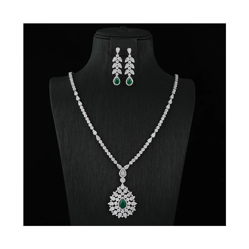 Import Jewelry From China Luxury Long Necklace Set Cubic Zirconia Green Gemstone Jewelry Earring Sets for Wedding Jewelry