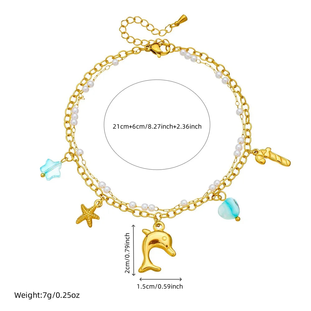 Non Tarnish 18k Gold Stainless Steel Ocean Beach Style Sea Scallop Starfish Pendant Women's Anklets with Dolphin Charm