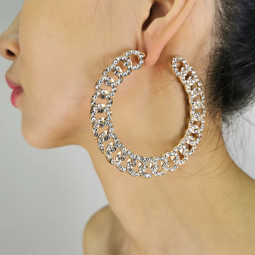 New Arrived Iced Out Bling Hoop Earrings Sparking Crystal Chain Diamond Rhinestone Earrings Jewelry Women