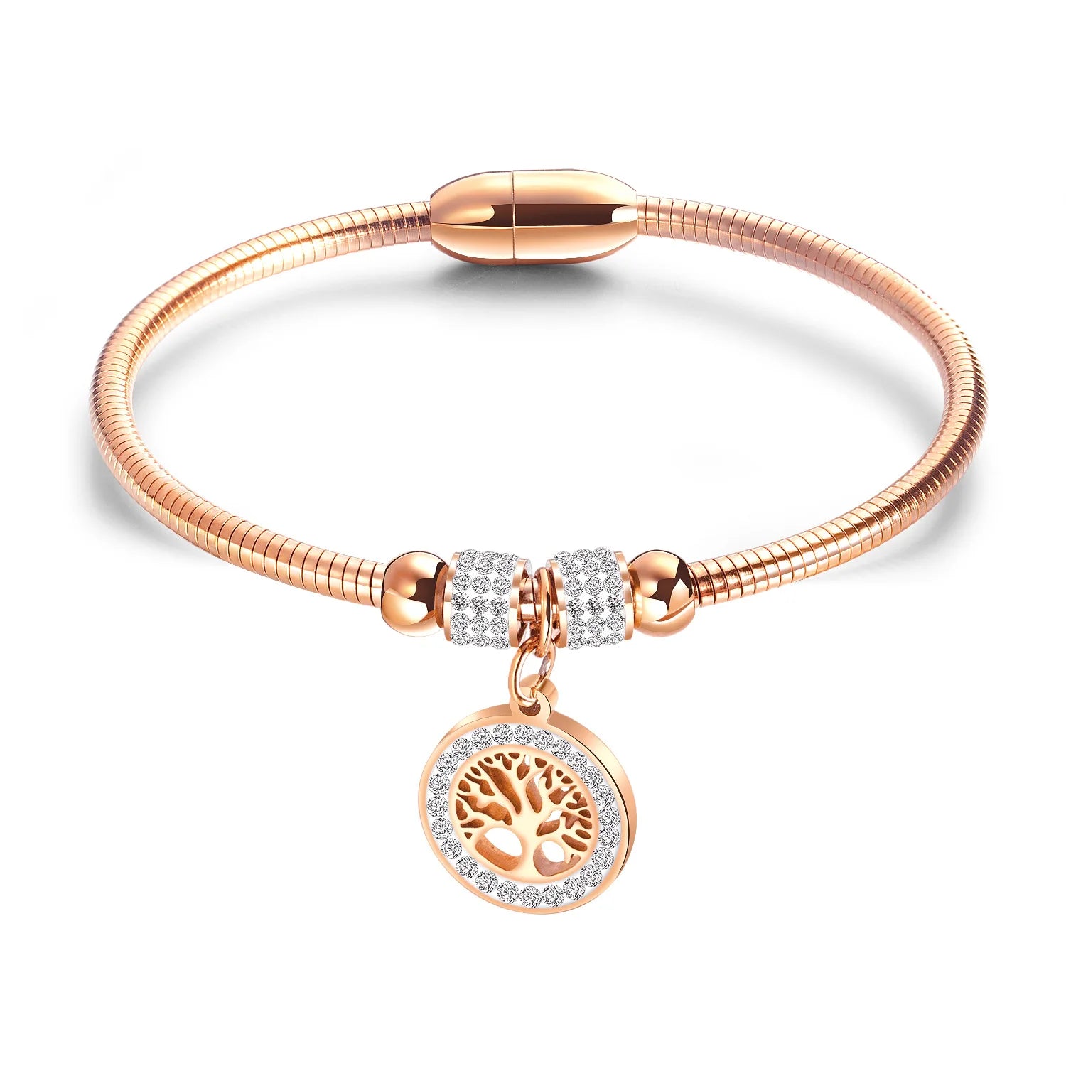 Simple Stainless Steel Plating Rose Gold Couple Tree of Life Bracelet Magnetic Cubic Zirconia Charms Bracelet