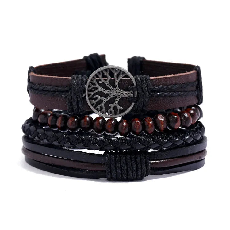 Vintage Peace Life Tree Charm Bracelet Homme Handmade Braided Multilayer Brown Wooden Beads Genuine Leather Wrapped Bracelet Men