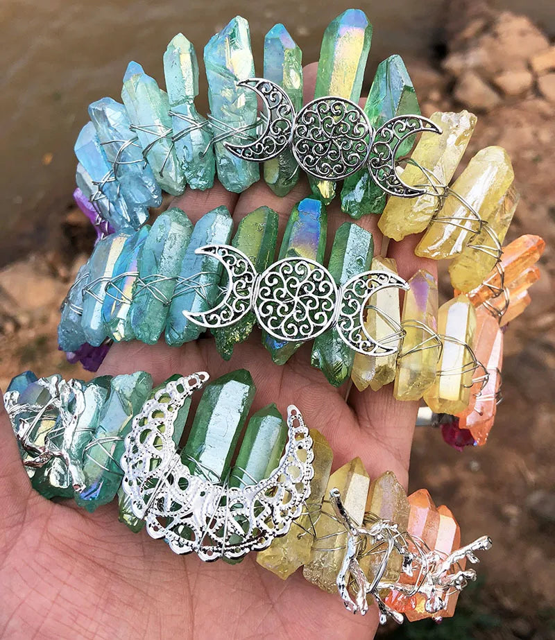 DIY Natural Rainbow Colorful Crystal Moon Branch Three Moon Accessories Crown Headband