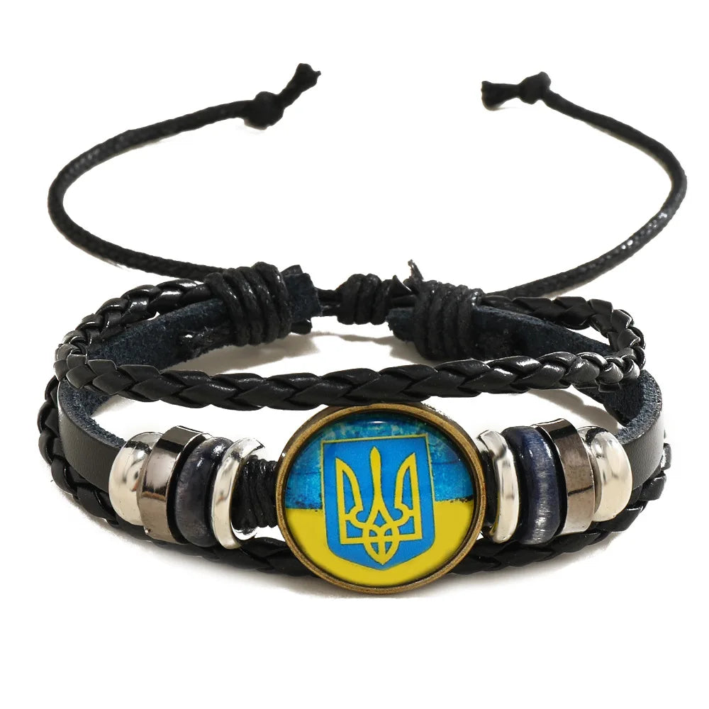 Hot Sale Ukraine Flag Time Gem Cabochon Bracelet Genuine Leather Bracelet  Bangles Ukraine Bracelets for Men