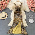 V-neck Long Dress Summer New Leopard Pattern Pleated Waist Split Wrapped Hip Dress
