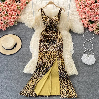 V-neck Long Dress Summer New Leopard Pattern Pleated Waist Split Wrapped Hip Dress