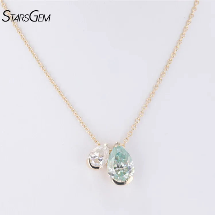 10k/14k Yellow Gold Def Vs Lab Diamonds/light Blue Moissanite Necklace Pendant Pear Shape  Lab Grown Diamond Necklace