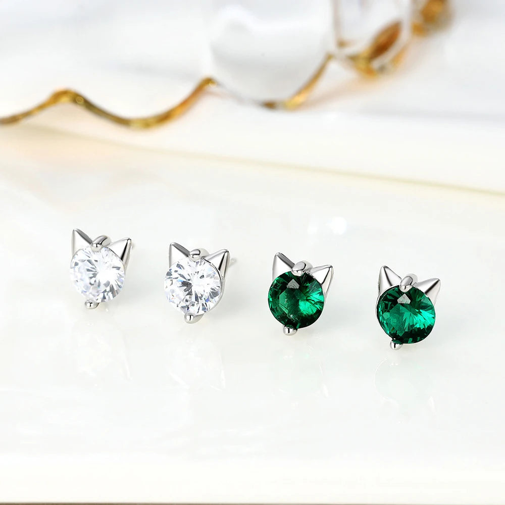 Lovely 925 Sterling Silver Cat Animal Simple Mini CZ Diamond Stud Earrings for Women Girls