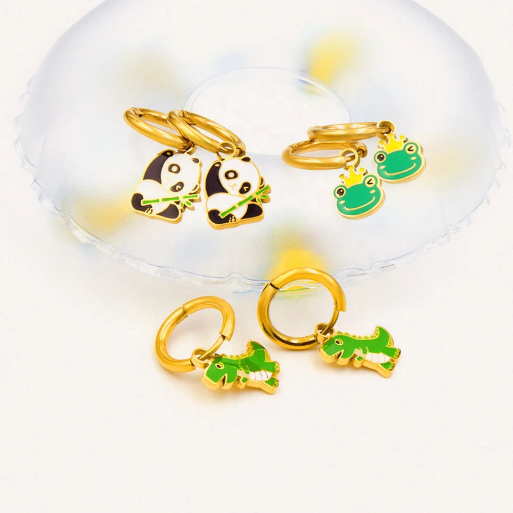 Cute Attractive Panda Dinosaur Frog Charm Hoop Earrings Stainless Steel 18k Gold Plated Earrings Huggie Hoop Earrings for Girls