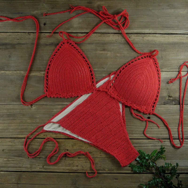 CJSD -88B Handmade Cotton Crochet Bikini Swimsuit Set Quick Dry Plus Size Micro Geometric Knitting Patchwork Print Mesh Fabric