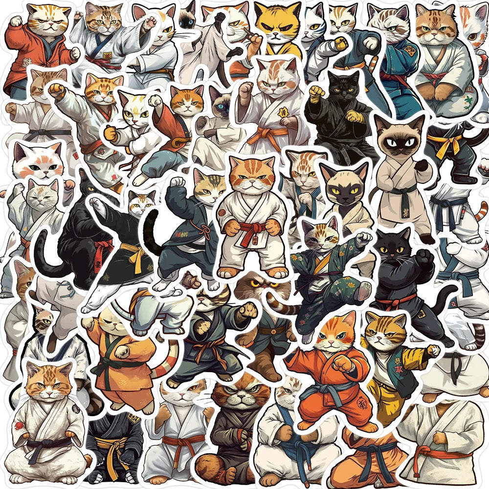 50PCS Funny Cute Cartoon Taekwondo Kungfu Cool Warriors Cat Sticker