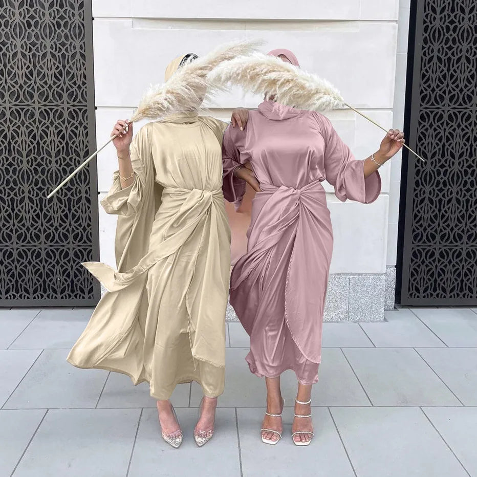 2022 Designs Dubai Traditional Muslim Clothing&accessories Pure Color Satin Clothing Muslim Abaya Islamic 3 Piece Abaya