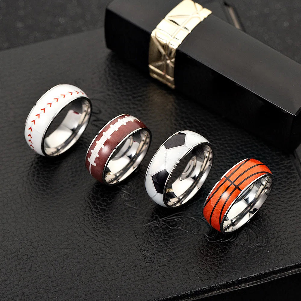 Non-fading Cross-border Best-selling Sports Football Stainless Steel Rings Basketball Baseball Rugby Sports Rings and Jewelry