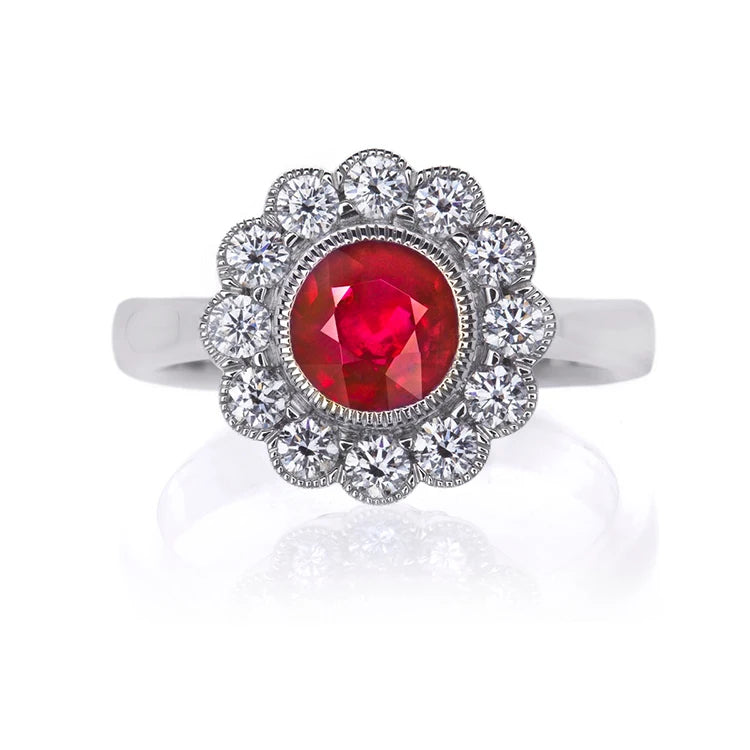 SGARIT Gold Jewelry 14K White Gold 0.90 Carat Moissanite Cluster Ring With Round Lab Grown Ruby Classic Gemstone Ring