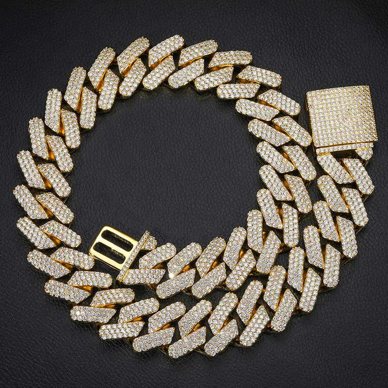 Iced Out 30mm Prong Cuban Chain Necklace Hip Hop Big Size Diamond Cuban Link Chain Bracelet Silver Gold Plated for Men