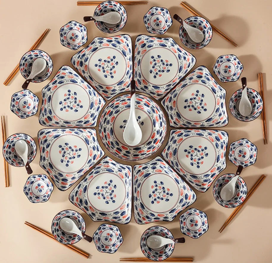 Bohemian Platter Set Bohemian Plates Small Spoon Large Spoon Retro Flower Gift Japanese Underglaze Ceramic Tableware Set