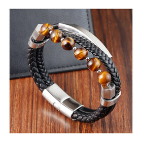 Trendy Stainless Steel Charm Bracelet with Tiger Eye Stone and Magnetic Clasp Genuine Leather Men's Jewelry Gift