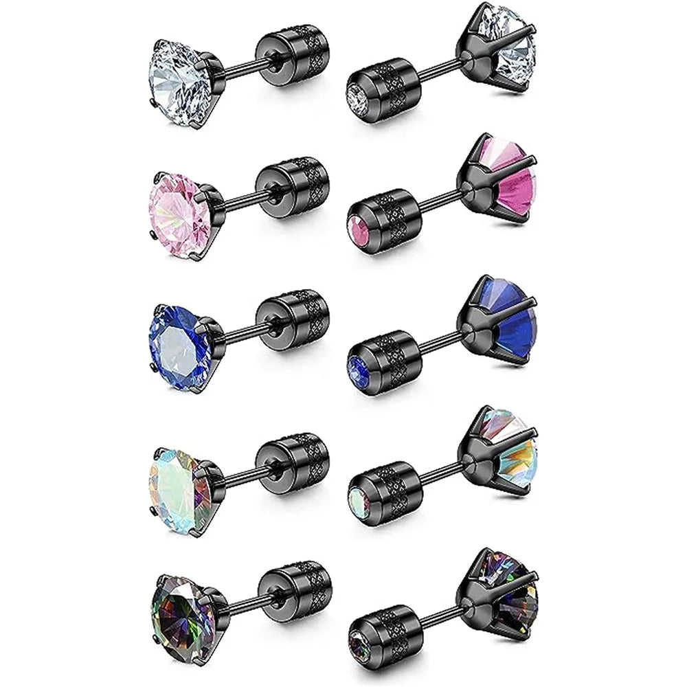 5mm Rainbow 5A Cubic Zirconia Crystal Studs Double Side Earrings Piercing Screw Back Stainless Steel Stud Earrings for Women Men