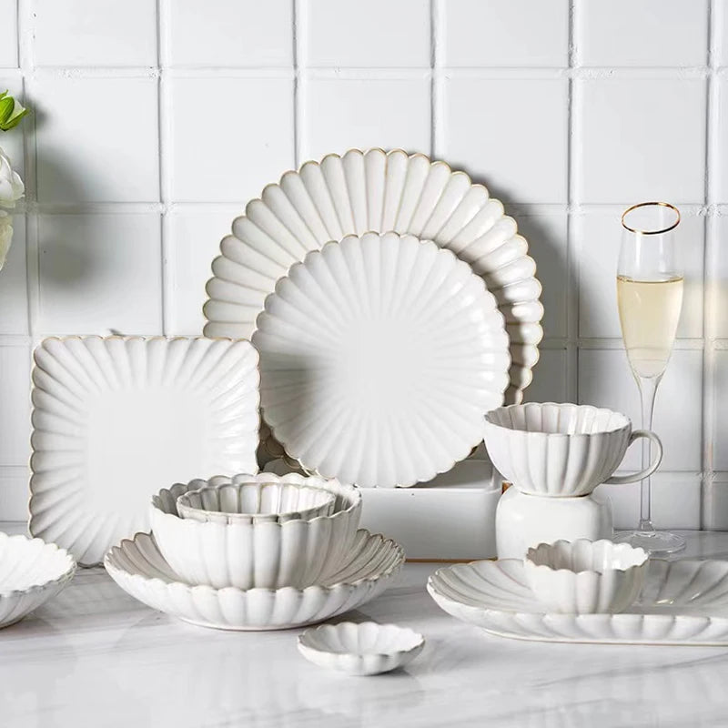 Creative White Ceramic Bowl Set Rice Bowl Plate Household Japanese Modern Simple Bowl Cutlery