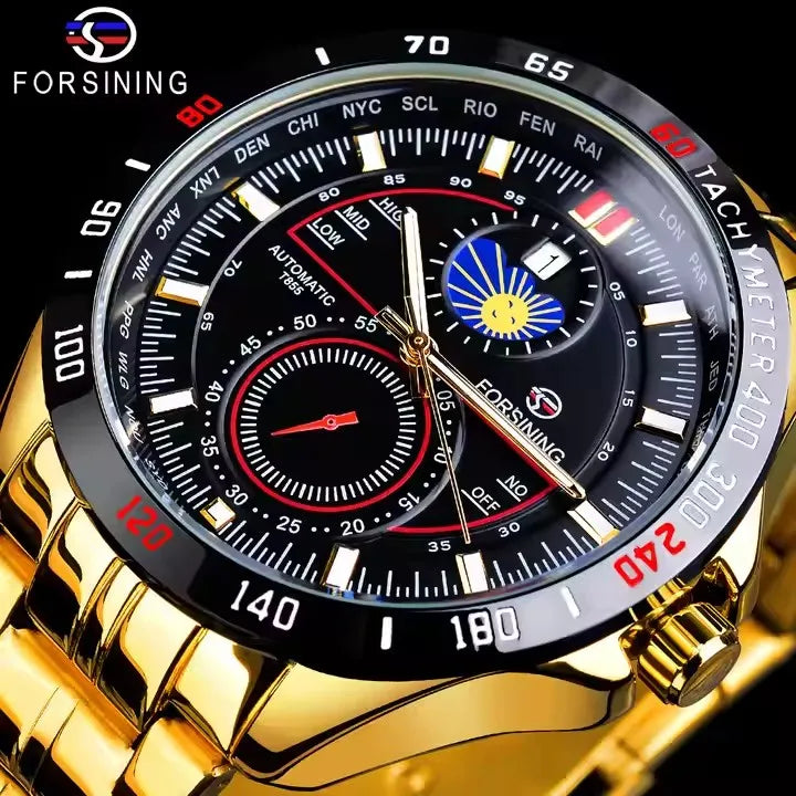 Forsining Men's Multi-Function Luxury Automatic Watch Waterproof Mechanical Wristwatch Men Gold Stainless Steel 22mm Moon