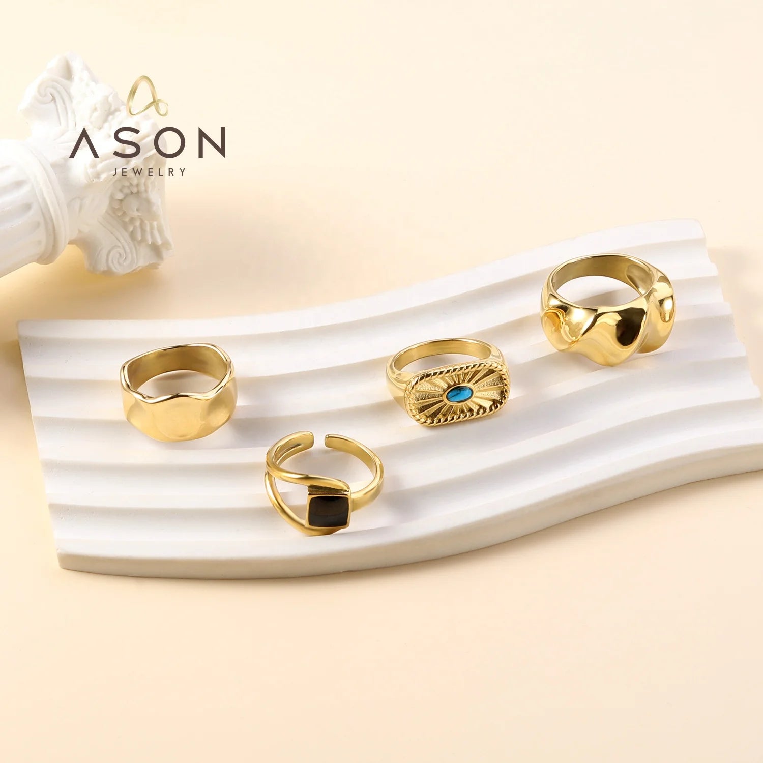 Ason Fashion Jewelry Wholesale Bulk Wave Geometric Ring Waterproof Stainless Steel 18K Gold Plated Opal Stone Ring for Women