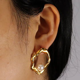 New Hypoallergenic Irregular Shape Jewelry Set 18k Gold Plated Stainless Steel Geometric Irregular Pearl Ring Earrings Necklace
