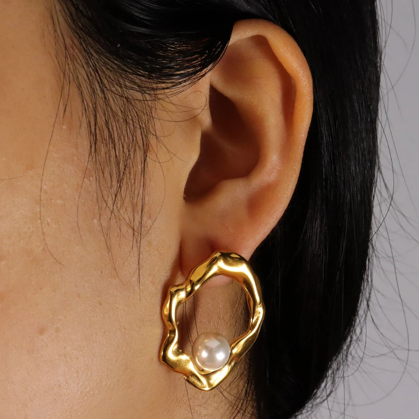 New Hypoallergenic Irregular Shape Jewelry Set 18k Gold Plated Stainless Steel Geometric Irregular Pearl Ring Earrings Necklace