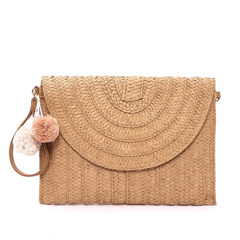Handmade Woven Straw Envelope Clutch Bag for Women Summer Beach Pom Pom Wristlet Handbag for Vacation Party