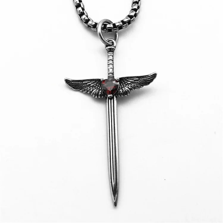 Non Tarnish Jewelry Stainless Steel Red Heart Zircon Wing Sword Pendant Necklaces