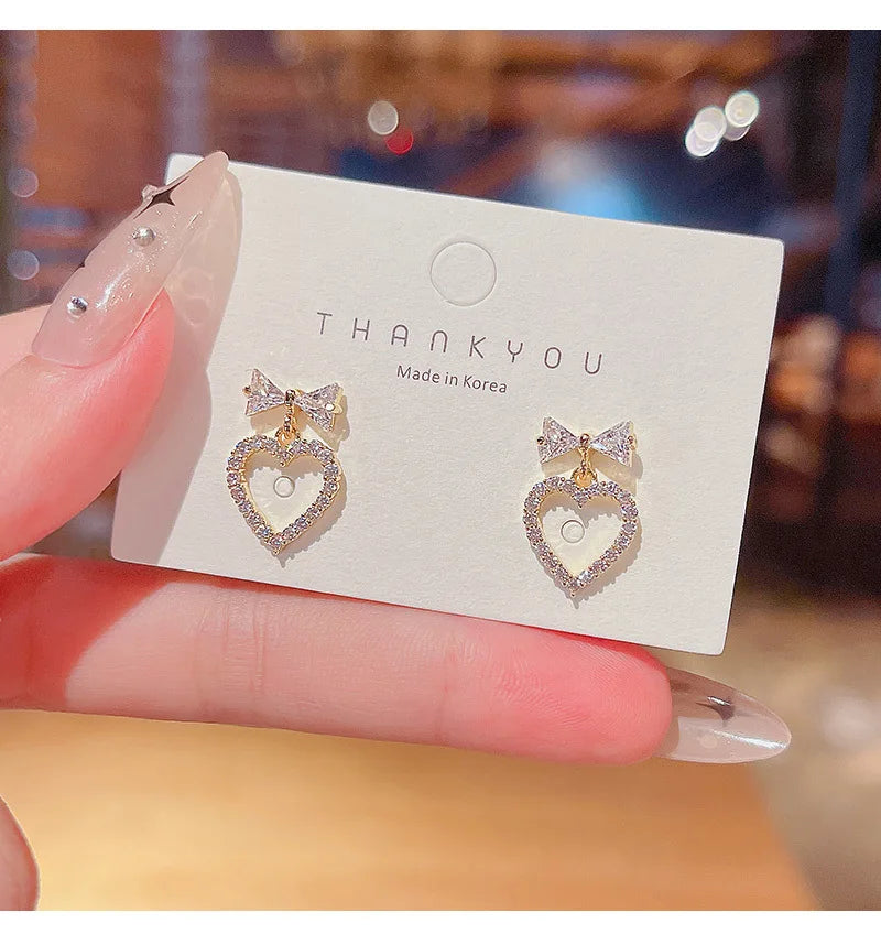 2022 Cute Korean Earrings Diamond Zircon Heart Shape Stud Earrings for Women Girls