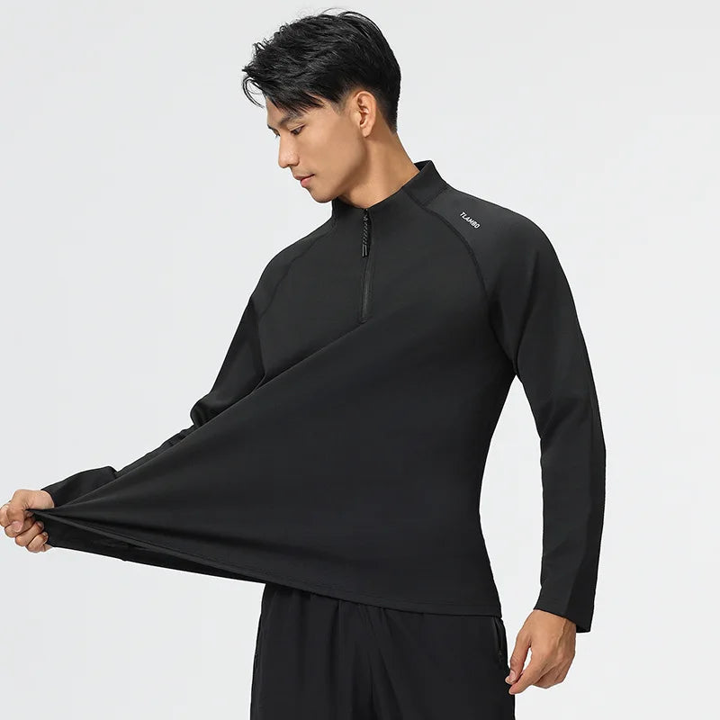Men's Half-Zipper Stand Collar T-Shirt Quick-Drying Outdoor Running Sports Sweater Long Sleeve Fitness Shooting Training Autumn
