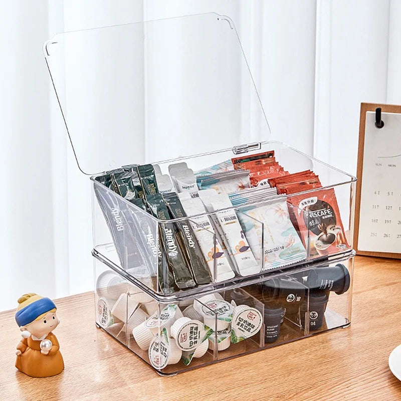Desktop Compartment Storage Box Flip-Top Design for Coffee Tea Socks Charging Cable Pet Food Made of Durable Plastic