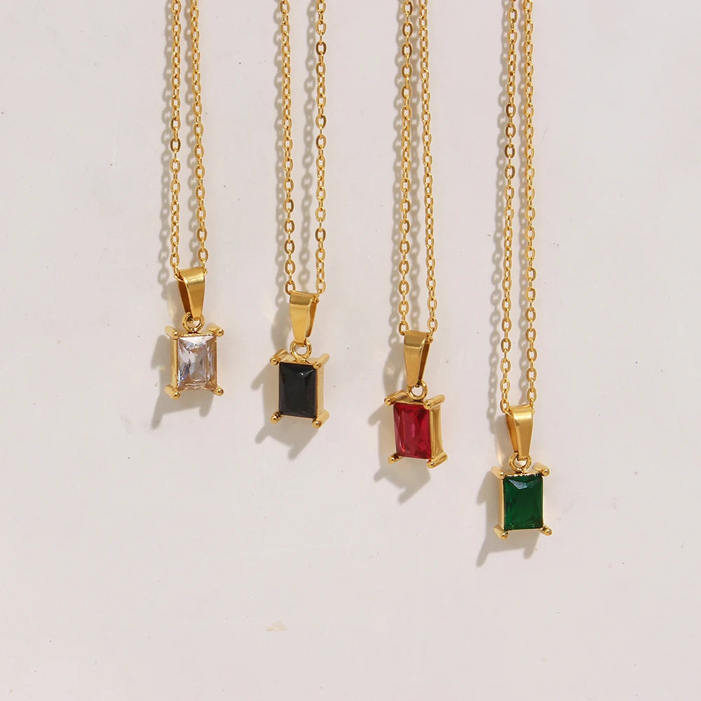 18K Gold Plated Jewelry Colorful Geometric Zircon Pendant Necklace Stainless Steel Square Christmas Jewelry Women Gift