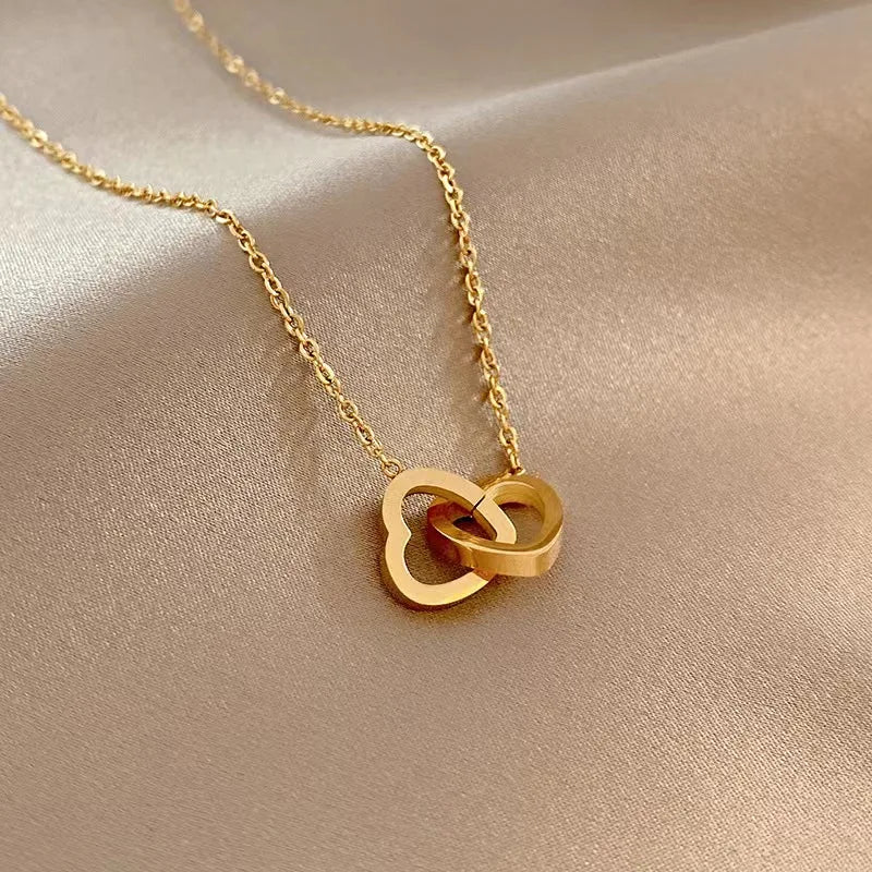 316 Stainless Steel Plating 18K Gold Rose Gold Non-fading Fashion Simple love Double Ring Necklace