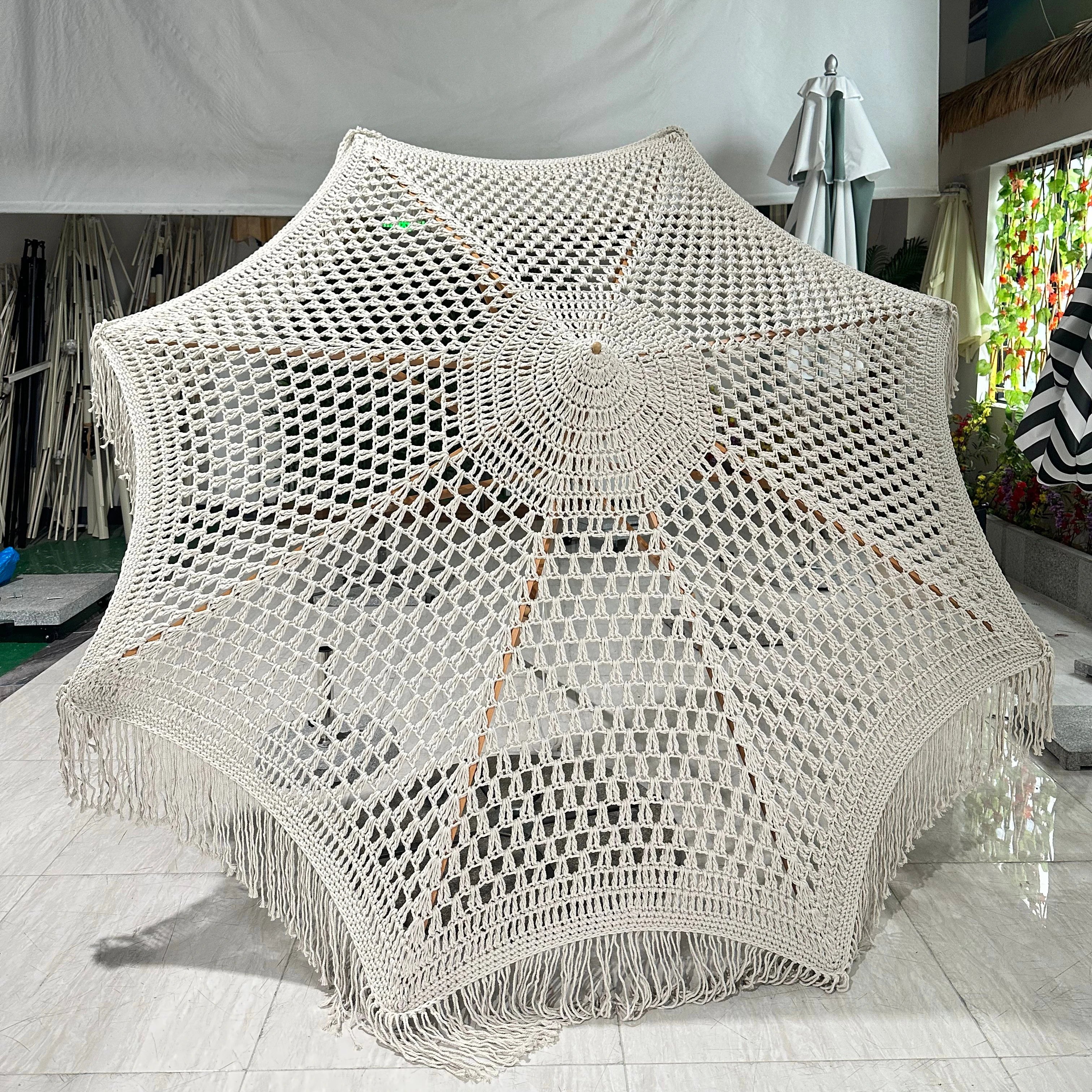 Modern Luxury Outdoor Macrame Umbrella with Tassel Parasol Crochet Woven Base for Beach Patio & Garden Use