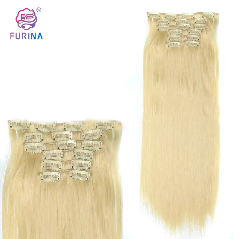 Fashion Beauty Cheap 6pcs with 16clips Full Head Blonde 613# Straight Clip in Curly Synthetic Hair Extensions for Women MegaBDM