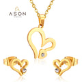 Ason Jewelry Fashion Gold Plating Hot Sale Hollow Heart Necklace and Earrings Set Zircon Stainless Steel Jewelry Set for Women
