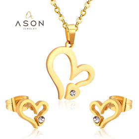 Ason Jewelry Fashion Gold Plating Hot Sale Hollow Heart Necklace and Earrings Set Zircon Stainless Steel Jewelry Set for Women
