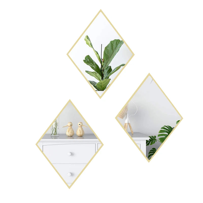Diamond Shape Decorative Wall Mirror Set of 3 Hanging Chain Frameless Mirror Gold Wall Mirror with Copper Hanging Chain for Home