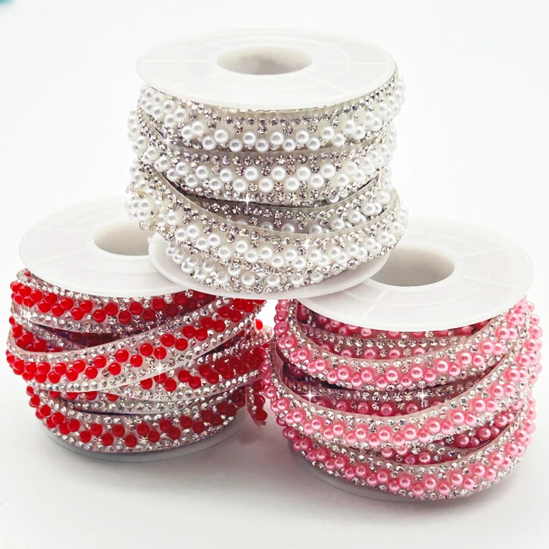 Wholesale Pearl Beaded Cup Crystal Rhinestone Trimming Applique Crystal Chain for Crafts DIY Dress Accessories