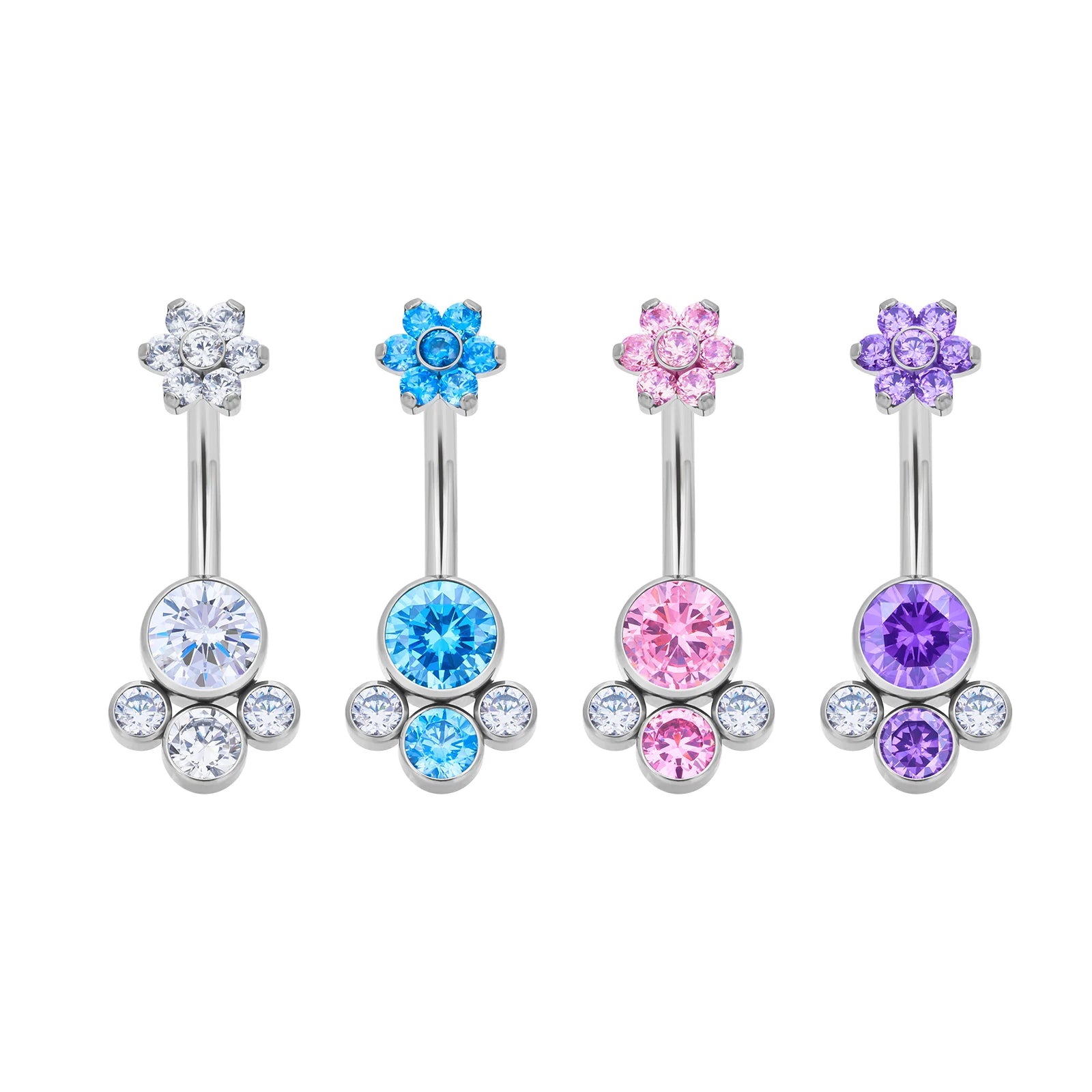 ASTM F136 Titanium 14G Belly Button Rings Floral Pink Daisy Style Crystal CZ Inlay Internally Thread Navel Piercing Jewelry