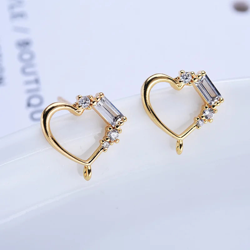 CZ Pave Zircon Heart Ear Studs Finding Brass Gold Plated Zircon Crystal Heart Stud with Loop