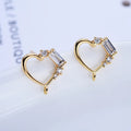 Brass Gold Plated Zircon Crystal Heart Stud with Loop CZ Pave Zircon Heart Ear Studs With 925 Sterling Silver Pin