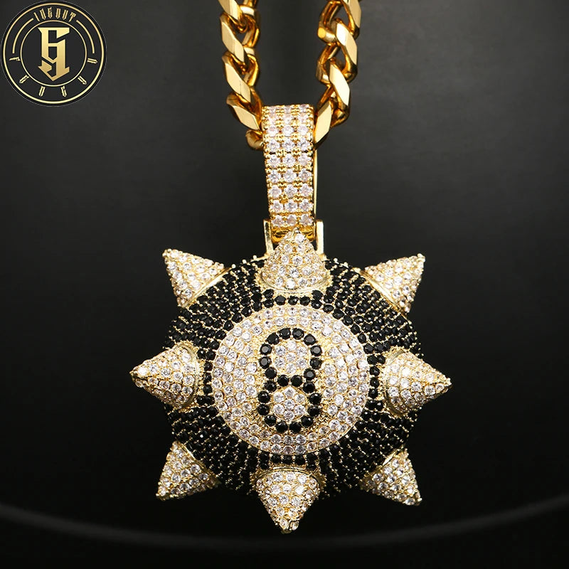 Fashion Hip Hop Jewelry Number 8 Meteor Hammer Pendant Micro Paved Cubic Zirconia Ball Black CZ Pendant Necklace