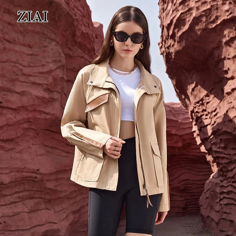 Women's With Pocket Trench Coat Cropped Button Zipper Down Lightweight Oversized Utility Jackets