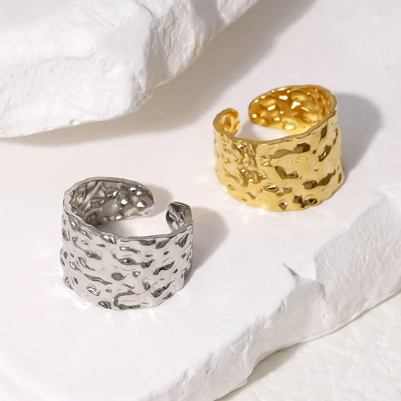 Beimai OEM Punk Stainless Steel Ring Waterproof Non-Faded 18K Gold-Plated Irregular Hammered Wide Band