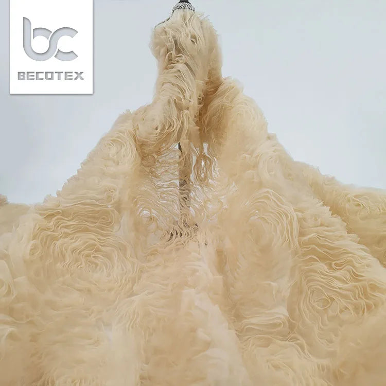 2026 New Light Yellow Rose Floral 3d Embroidery Lace Fabric Tulle Dress Fabric