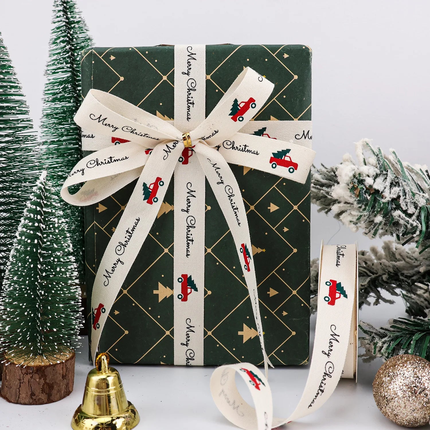 Custom Eco-Friendly Recycled Polyester/Cotton Ribbon Christmas Gift Wrapping Milu Deer Santa Claus Satin Decoration Holiday
